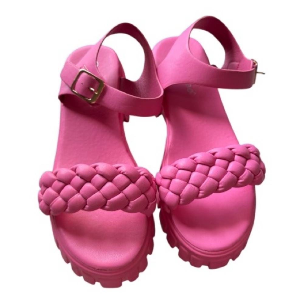 Pink faux leather platform sandals open toe braided buckle chunky wedge mid heel
